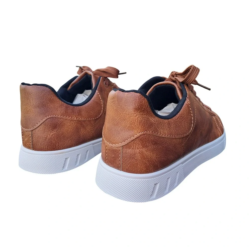 Mañalun Mens‎ Brown Faux Leather Low Top Sneakers Lace Up Casual Shoes EU46